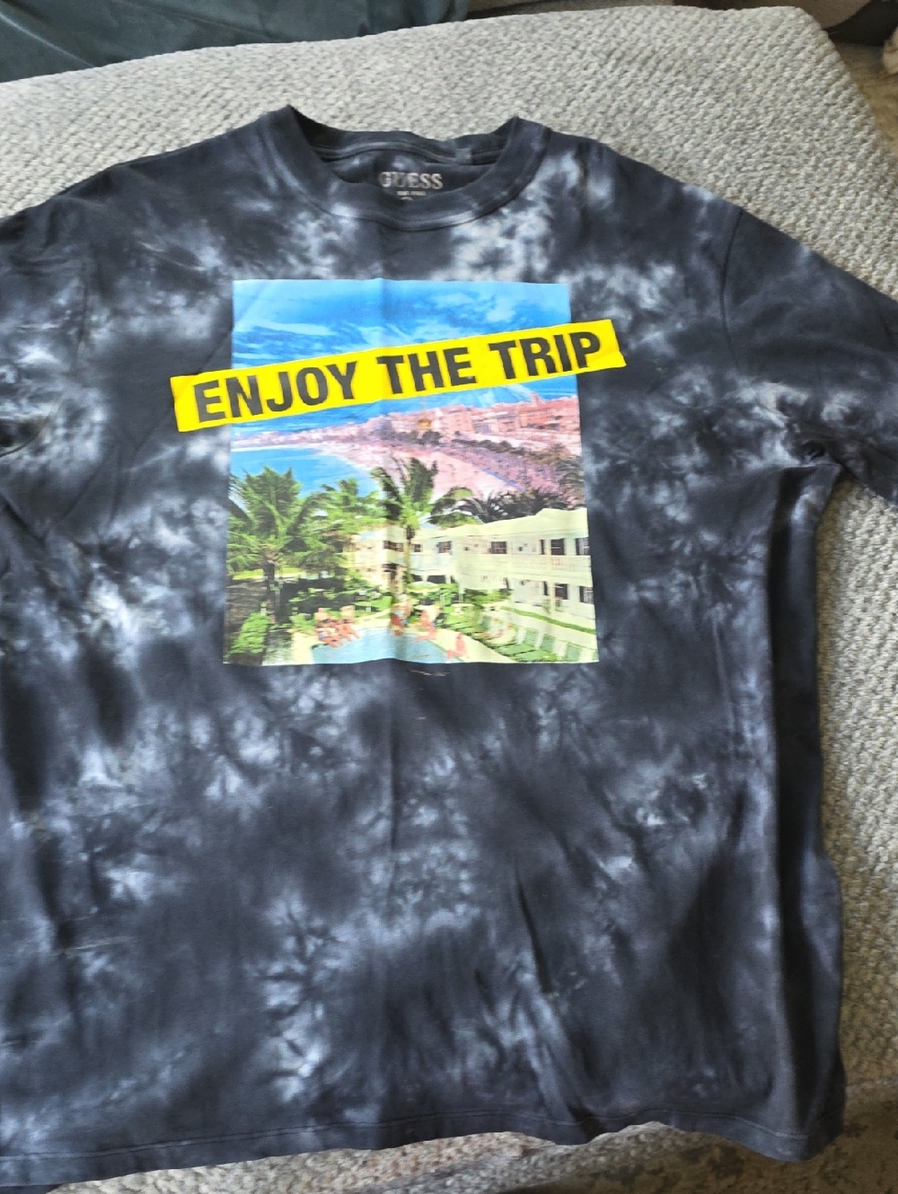 GUESS Black and Gray Tie-Dye Graphic Tee with Yellow Accent